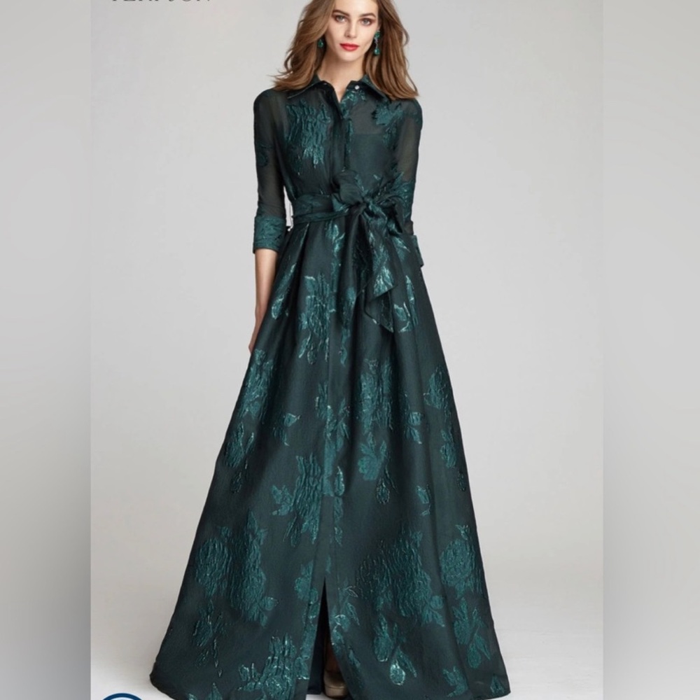 Teri Jon Rickie Freeman A-Line Jacquard Embroidered Green Shirt dress Gown 8 - Picture 2 of 12